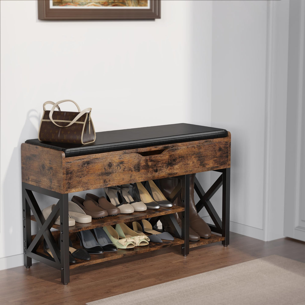 astimey Shoe Bench, Lift Top Shoe Storage Bench, Adjustable Shelf Entryway Bench, Metal and Wood Shoe Rack Organizer with Cushion for Entry, Bedroom, Closet, Living Room, Hallway (Brown, 35.5“W) astimey