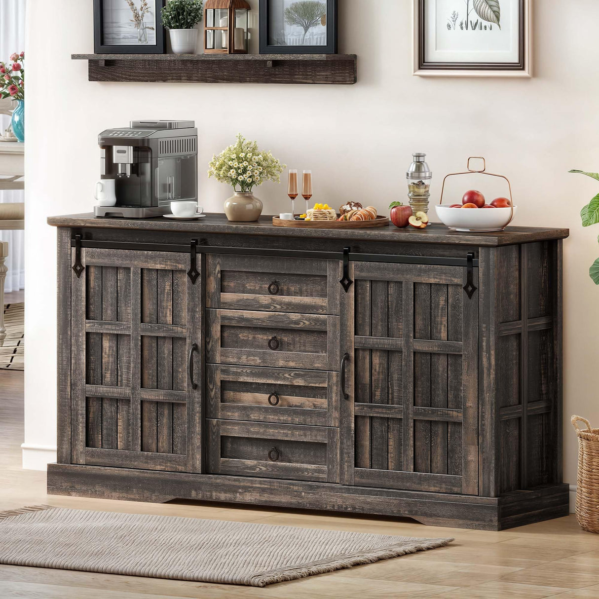 DWVO Farmhouse Sideboard Buffet Cabinet with Storage, Large Kitchen Cabinet w/Sliding Barn Doors and 4 Drawers, for Dining Room, Dark Rustic Oak DWVO