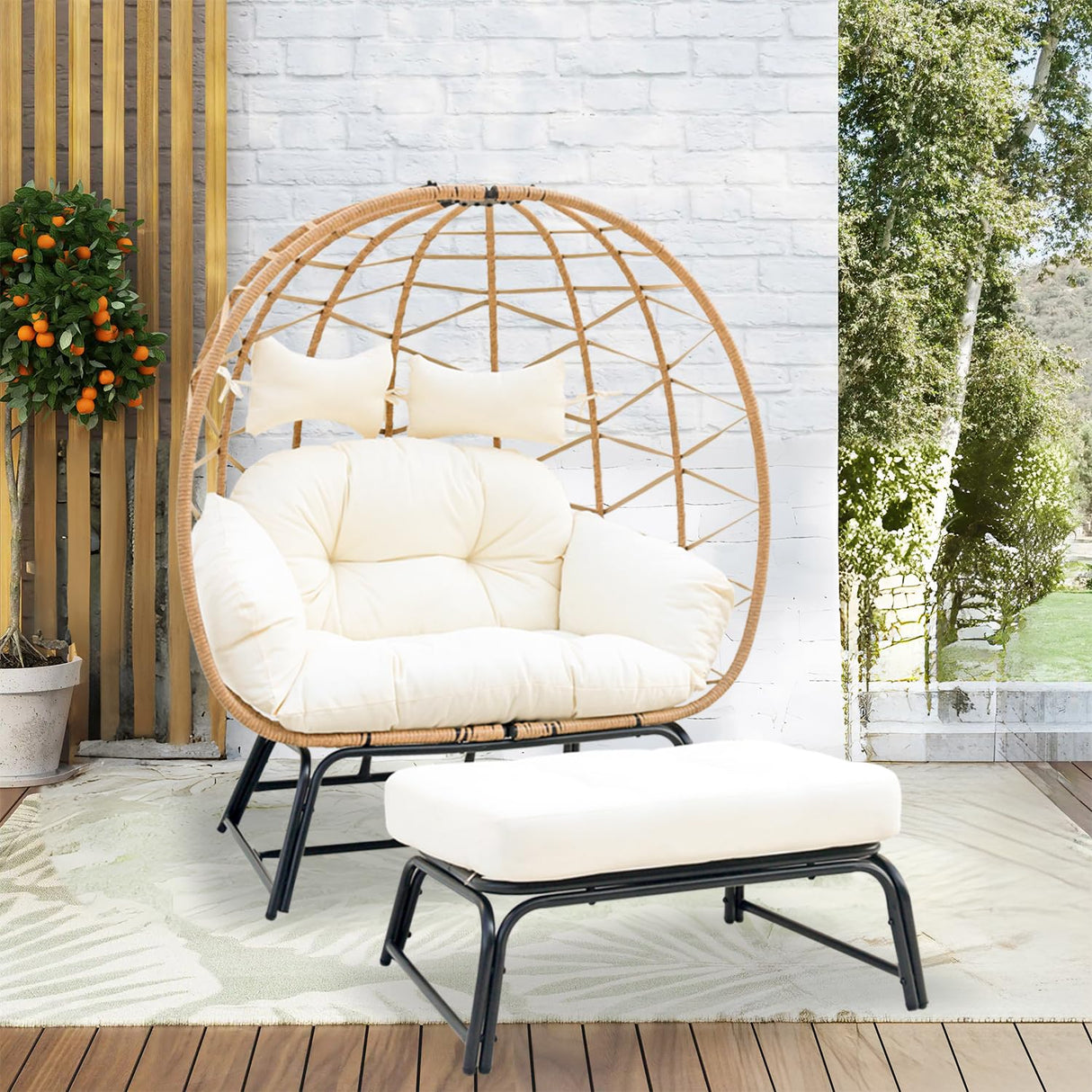 Nevsokio Double Wicker Outdoor Egg Chair,Lounge Chair with Ottoman,Oversized Patio Chair with Footrests,Cushions, Outdoor Indoor Rattan Chair (Webbing, White) Nevsokio