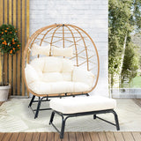 Nevsokio Double Wicker Outdoor Egg Chair,Lounge Chair with Ottoman,Oversized Patio Chair with Footrests,Cushions, Outdoor Indoor Rattan Chair (Webbing, White) Nevsokio