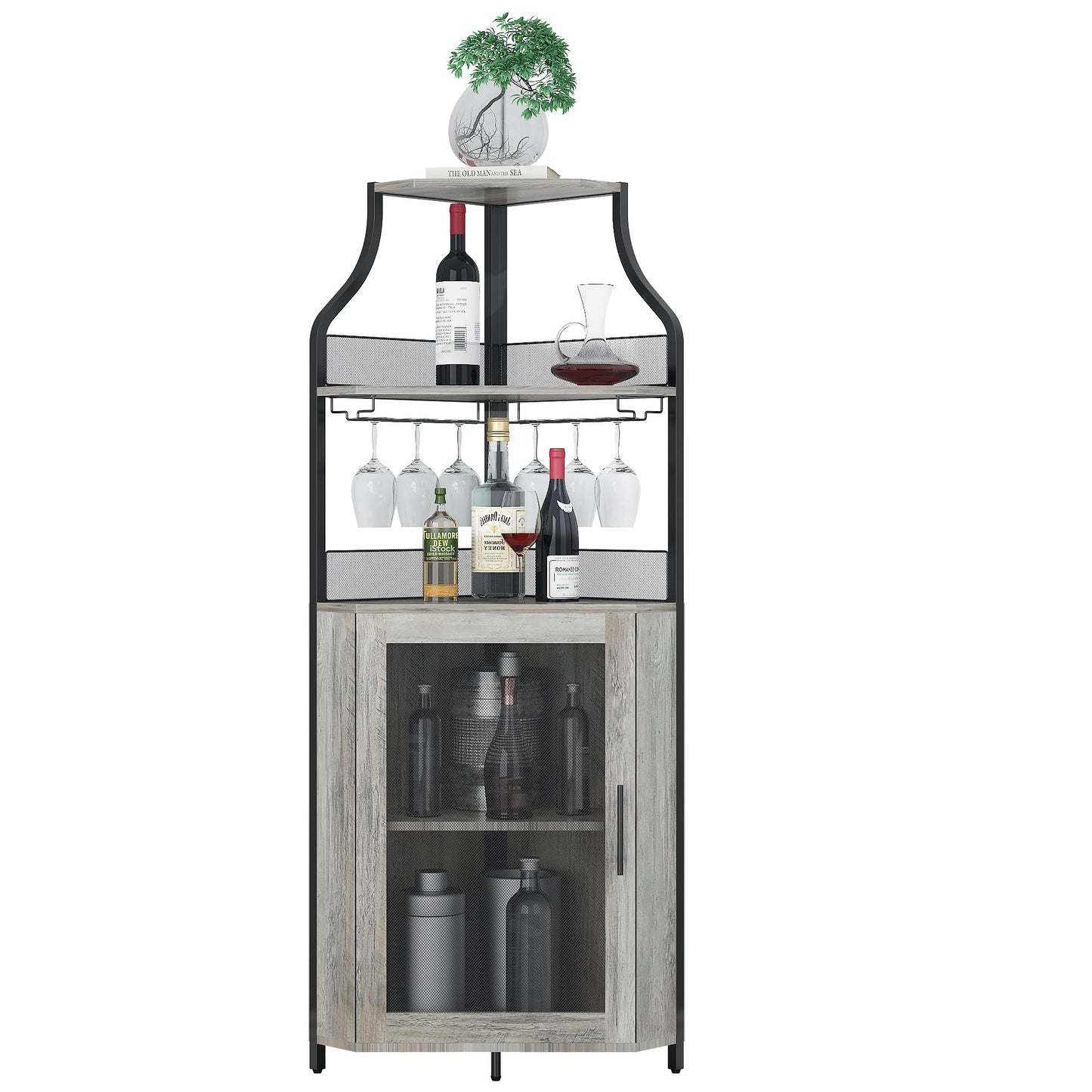 IDEALHOUSE Corner Wine Bar Cabinet with Detachable Wine Rack, Bar Cabinet with Glass Holder, Small Sideboard and Buffet Cabinet with Mesh Door (Grey)