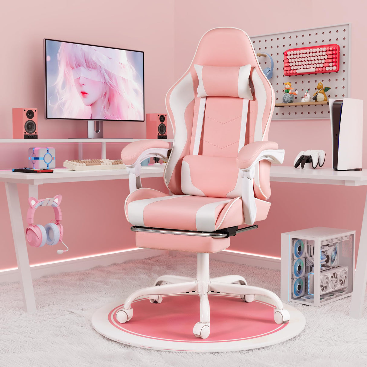 Homall Gaming Chair, Video Game Chair with Footrest and Massage Lumbar Support, Ergonomic Computer Chair Height Adjustable with Swivel Seat and Headrest (Pink) Homall