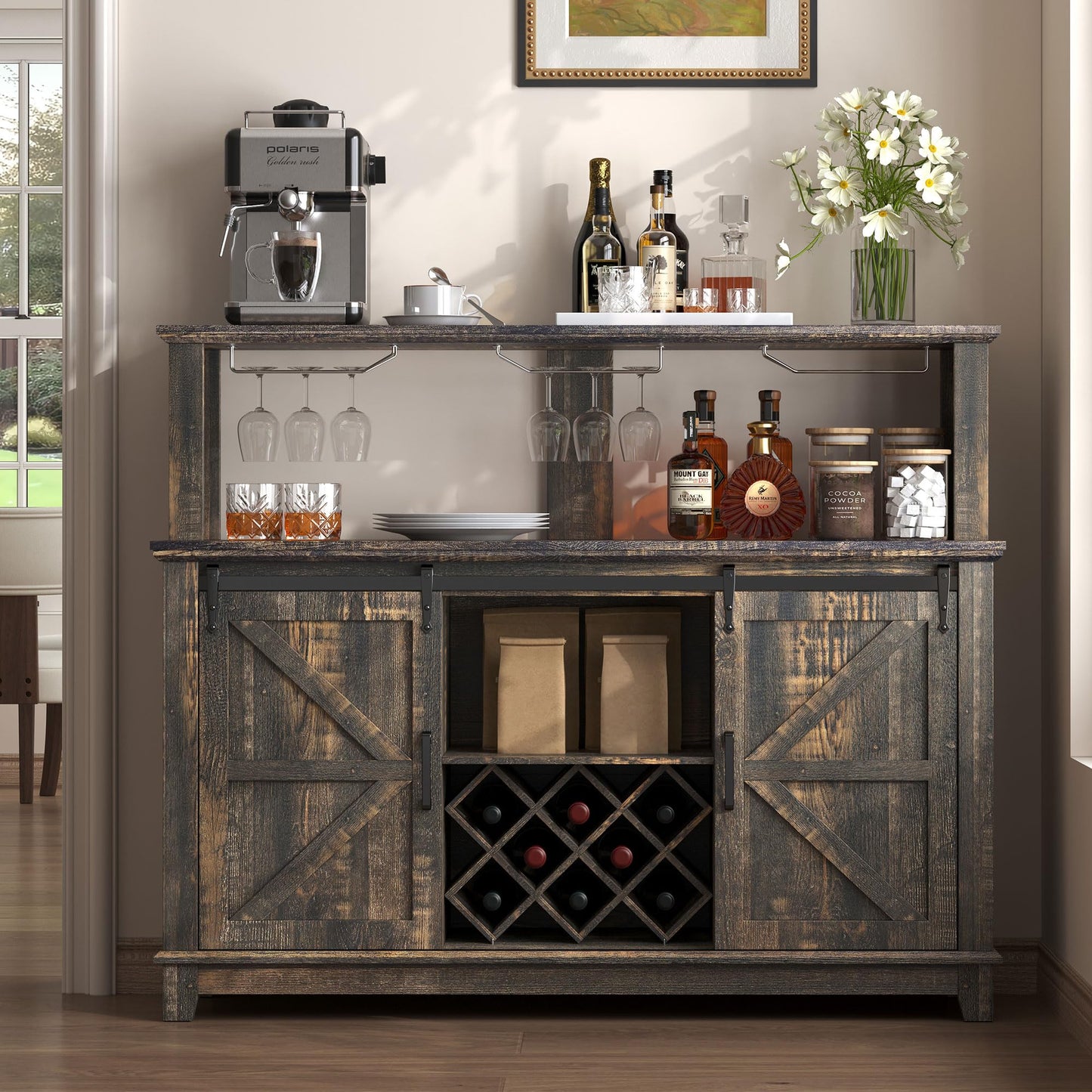 VanAcc Farmhouse Buffet Wine Cabinet with LED Lights, 55" Coffee Bar with 2-Tier Storage, Glass Holders, 8 Wine Racks, Home Liquor Hutch Cabinet with Barn Door, Rustic Black