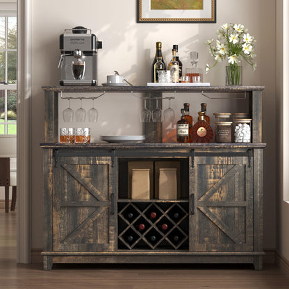 VanAcc Farmhouse Buffet Wine Cabinet with LED Lights, 55" Coffee Bar with 2-Tier Storage, Glass Holders, 8 Wine Racks, Home Liquor Hutch Cabinet with Barn Door, Rustic Black