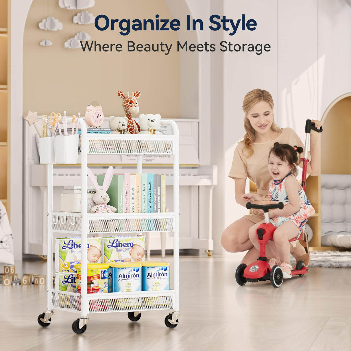 YASONIC 3 Tier Rolling Cart – Metal Utility Storage Cart with Wheels, Craft Carts Organizer with Hanging Cups, Hooks, Mesh Basket for Bedside Kitchen Office Art, White YASONIC