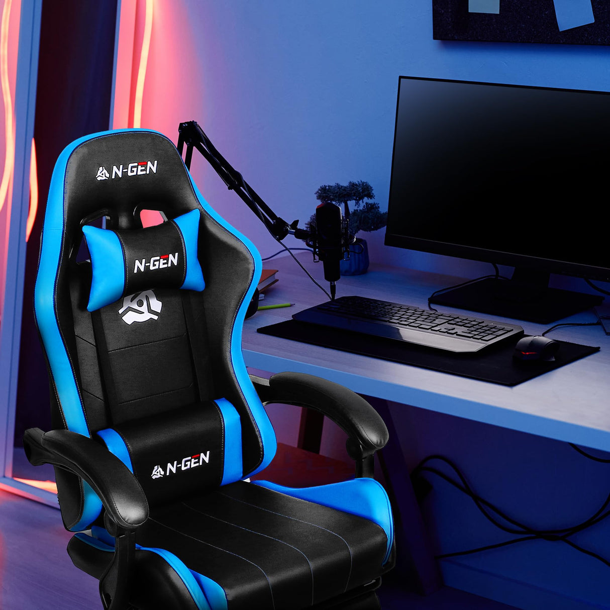 N-GEN Video Gaming Chair with Footrest High Back Ergonomic Comfortable Office Computer Desk with Lumbar Support Height Adjustable with PU Leather Recliner for Adults Women Men (Blue) NEO CHAIR