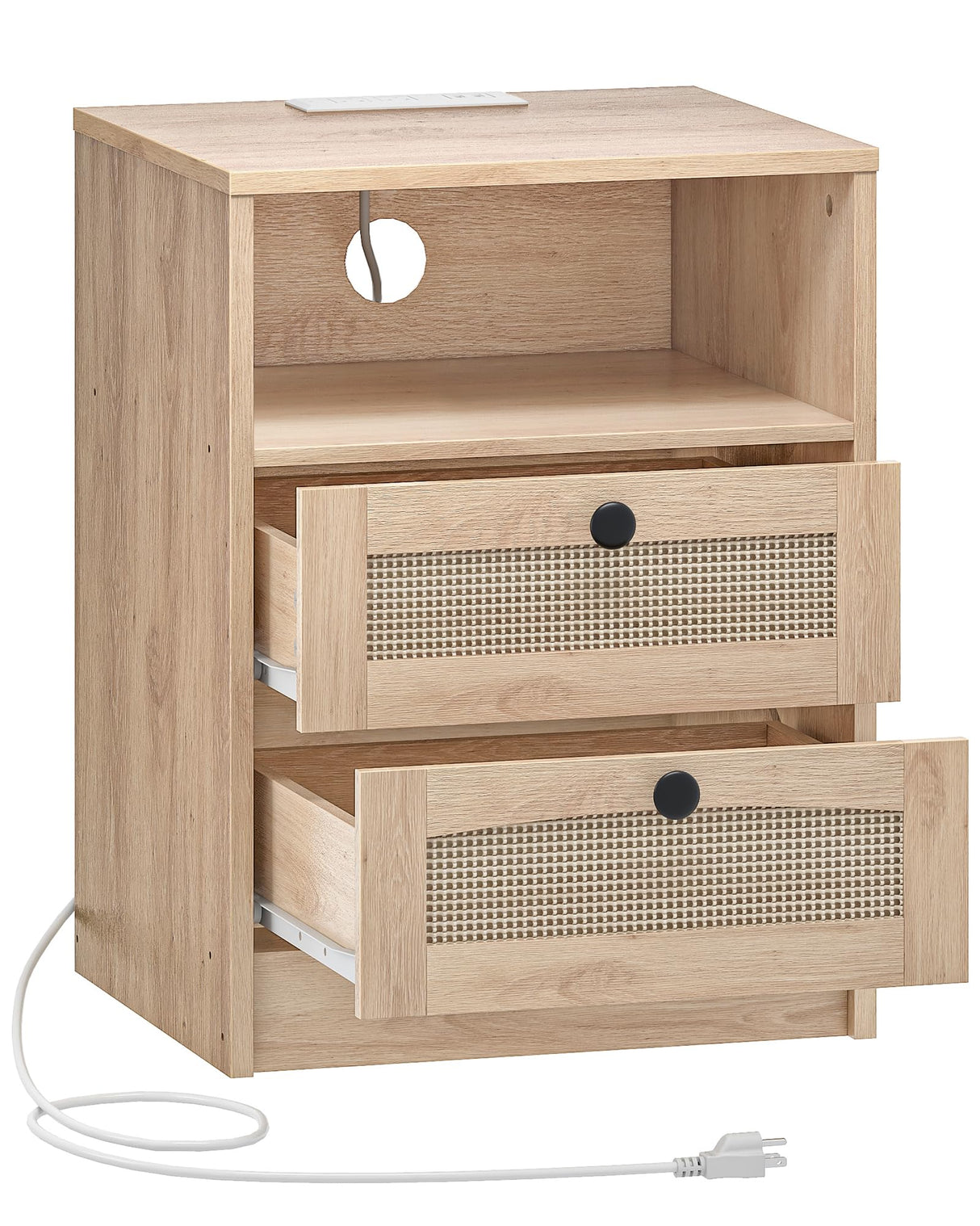 CHOEZON Rattan Nightstand, Boho Side Table, Bedside Table with Charging Station and 2 Drawers, Engineered Wood End Table, for Bedroom, Study, Natural MBZ07UNL CHOEZON