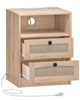 CHOEZON Rattan Nightstand, Boho Side Table, Bedside Table with Charging Station and 2 Drawers, Engineered Wood End Table, for Bedroom, Study, Natural MBZ07UNL CHOEZON