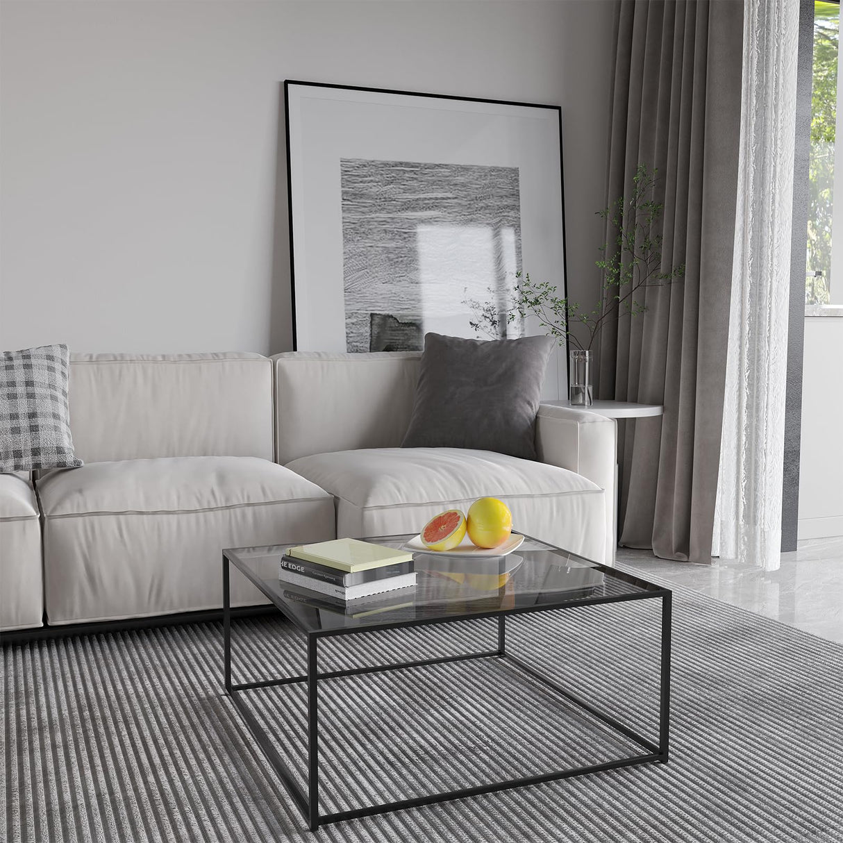 Glass Coffee Tables for Living Room Square Modern Center Table for Small Space,Tempered Glass-top with Sturdy Metal Frame Sofa Side End Table, Easy Assembly,26.4 x 26.4 x 15.7 Inches, Gray Black Easy Paws