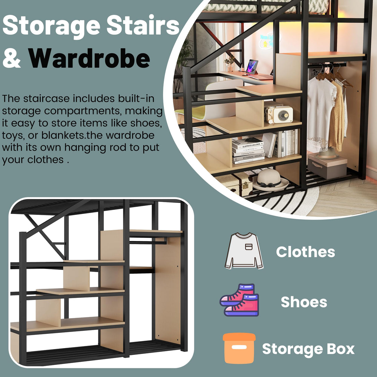 MoproBeti Queen Size Loft Bed with Stairs and Desk, Metal Lofts Bed Queen with Upper Storage Shelf, Gaming LoftBed with LED, Charging Station and Wardrobe for Teens, Adults,Black MoproBeti