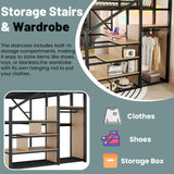 MoproBeti Queen Size Loft Bed with Stairs and Desk, Metal Lofts Bed Queen with Upper Storage Shelf, Gaming LoftBed with LED, Charging Station and Wardrobe for Teens, Adults,Black MoproBeti