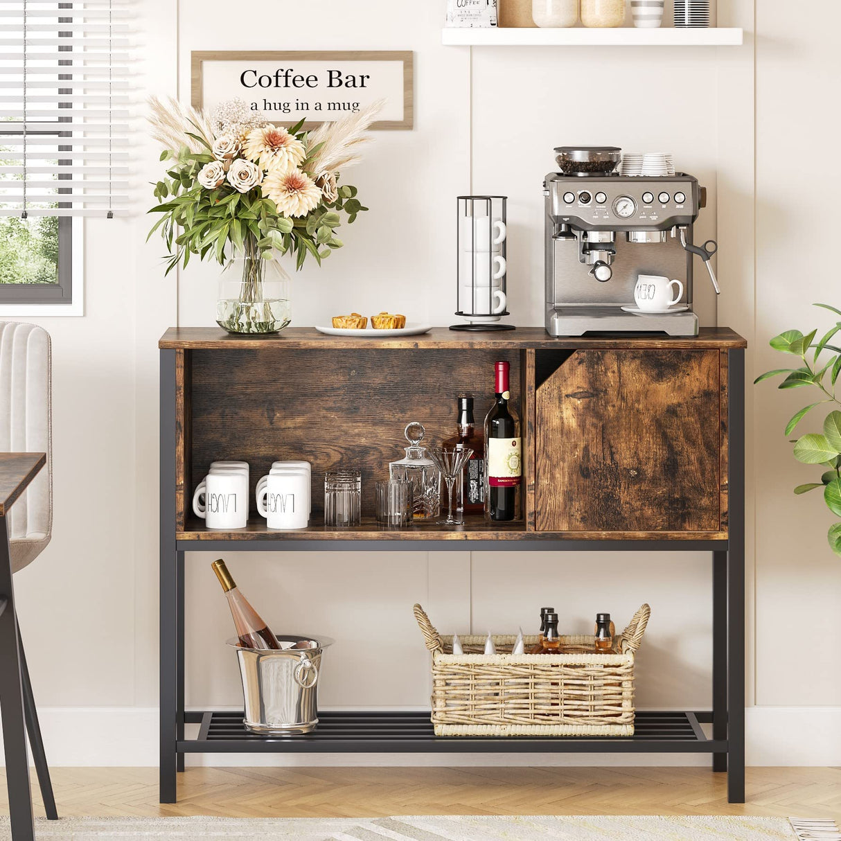Bestier Coffee Bar with Storage Buffet Cabinet Kitchen Sideboard with Adjustable Shelves Console Table for Kitchen Dinning Room Living Room Hallway Entrance, Rustic Brown Bestier