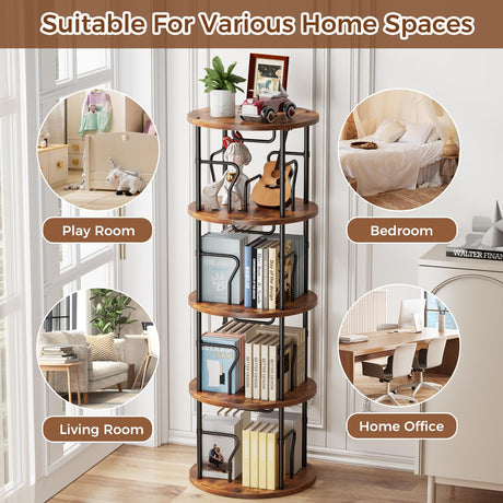 VYRIVA 4 Tier Rotating Bookshelf Tower, 360° Display Round Bookcase, Floor Standing Corner Revolving Bookshelf Organizer Storage Rack for Home Study Office, Small Spaces VYRIVA