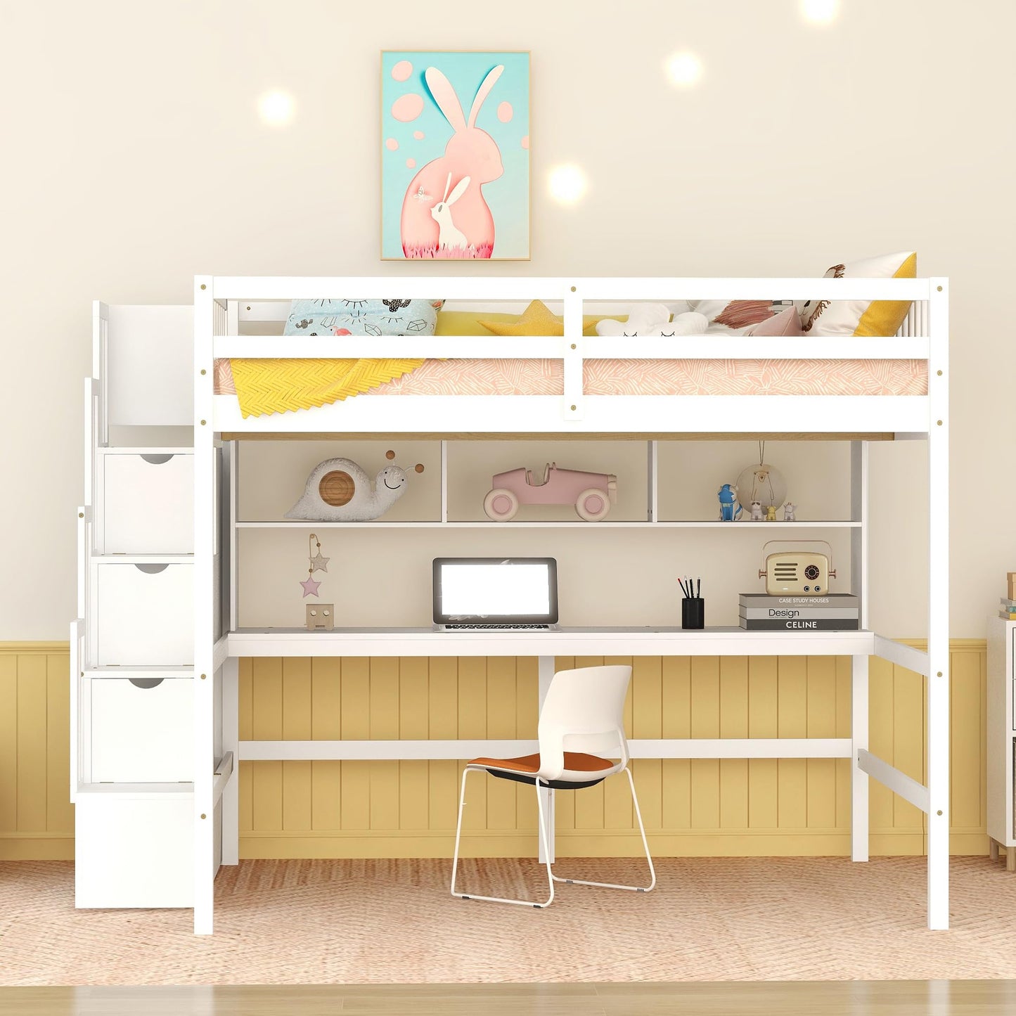 Full Size White Loft Bed with Desk, Storage Stairs & Guardrails for Kids and Teens - WoodArtSupply