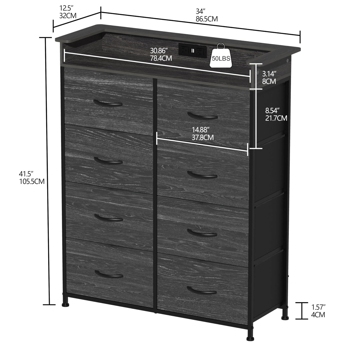 Welfuturer Fabric Dresser for Bedroom with LED Light and Charing Station Tall Dresser with 8 Drawers Black Dresser & Chest of Drawer for Closet Living Room Hallway Entryway Sturdy Steel Frame Wood Top Welfuturer
