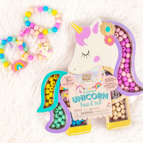 Story Magic Unicorn Bead Set by Horizon Group USA, Create Your Own Magical Beaded Jewelry, Includes Over 100 Natural Wooden Beads Large Hole, 5 Pre-Cut Elastic Cords with Shoelace Ends, Storage Case Story Magic