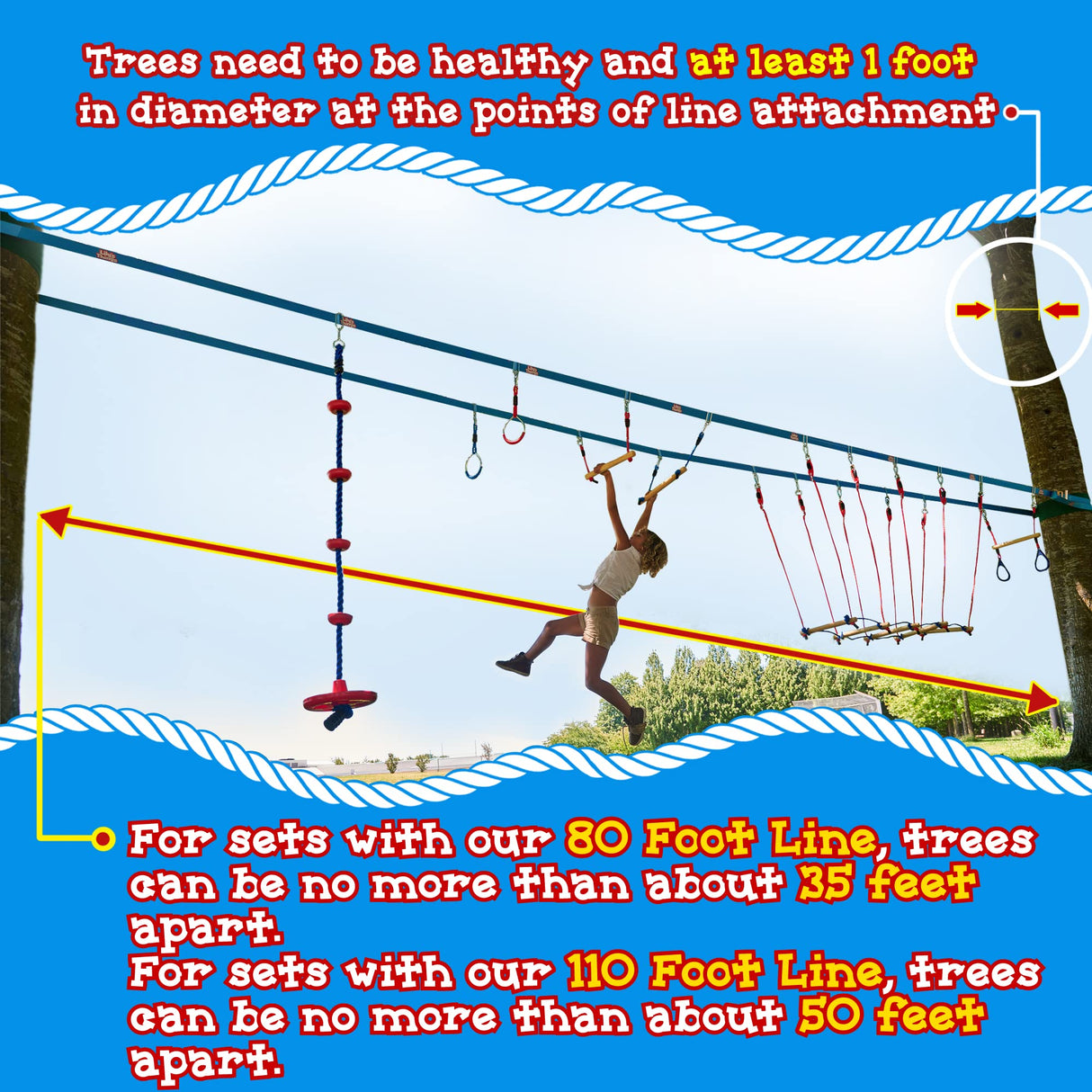 Double Slackline Obstacle Course - 110 Ft Line - Ninja Warrior Course with Monkey Bars for Kids - Patented Double Line Design (110' Ultimate Warrior Set, with Rickety Bridge) Lily's Things