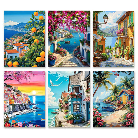 Diamond Art Kits for Adults Beginner 6 Pack Mediterranean Coastal Scenery Diamond Painting Kits 5D Diamond Dots Gem Art Crafts with Tools Round Full Drill Funny Crafts for Home Wall Decor&Gift 10x14in Fairyland JinWenn