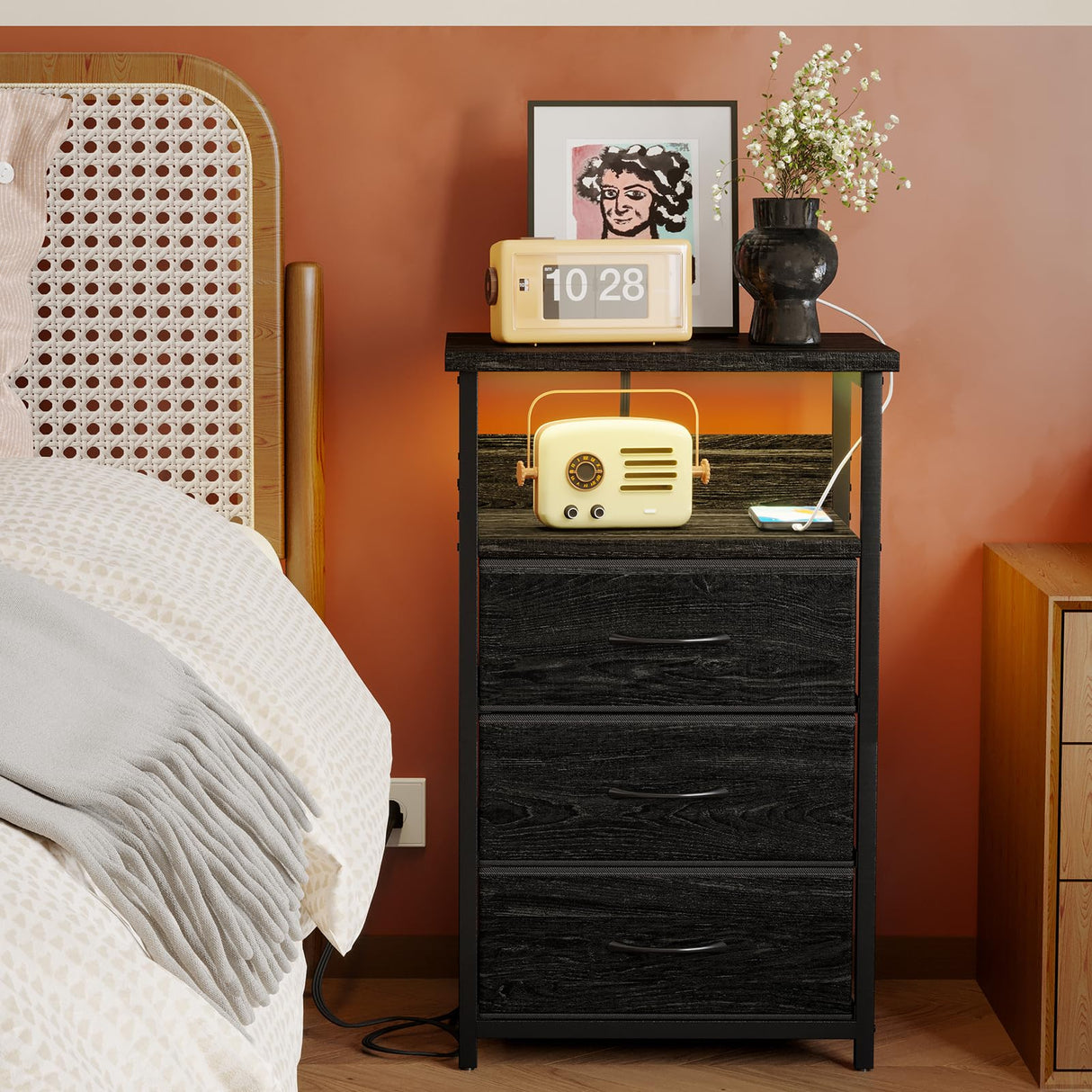 Fixwal Night Stand with Charging Station, LED Nightstand with Fabric Drawers, End Table with PU Finish, Bed Side Table, Black Oak Fixwal