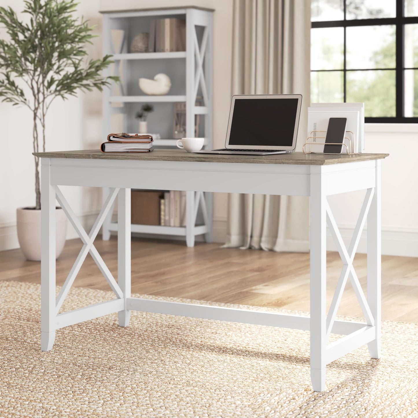 Bush Furniture Key West Writing Table for Home Office | Small Modern Farmhouse Desk, 48W, Pure White and Shiplap Gray - WoodArtSupply