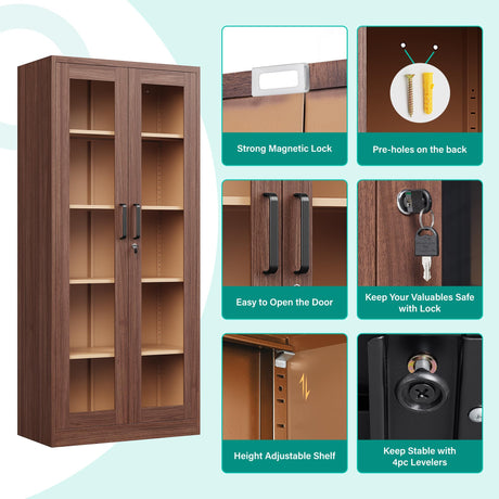Metal Storage Cabinet with Lock and Glass Doors,Glass Display Cabinet,Tall Storage Cabinets,Locking Curio Cabinets with 5 Shelves for Collectibles,Home,Office,Living Room SISESOL