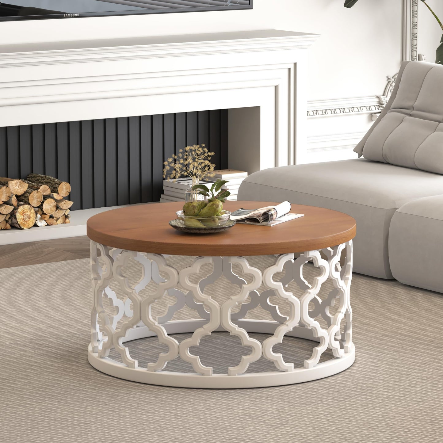 Orweiin Round Coffee Table, Distressed Wood Top，Rustic Farmhouse Coffee Table with Curved Motif Frame Base for Living Room, White