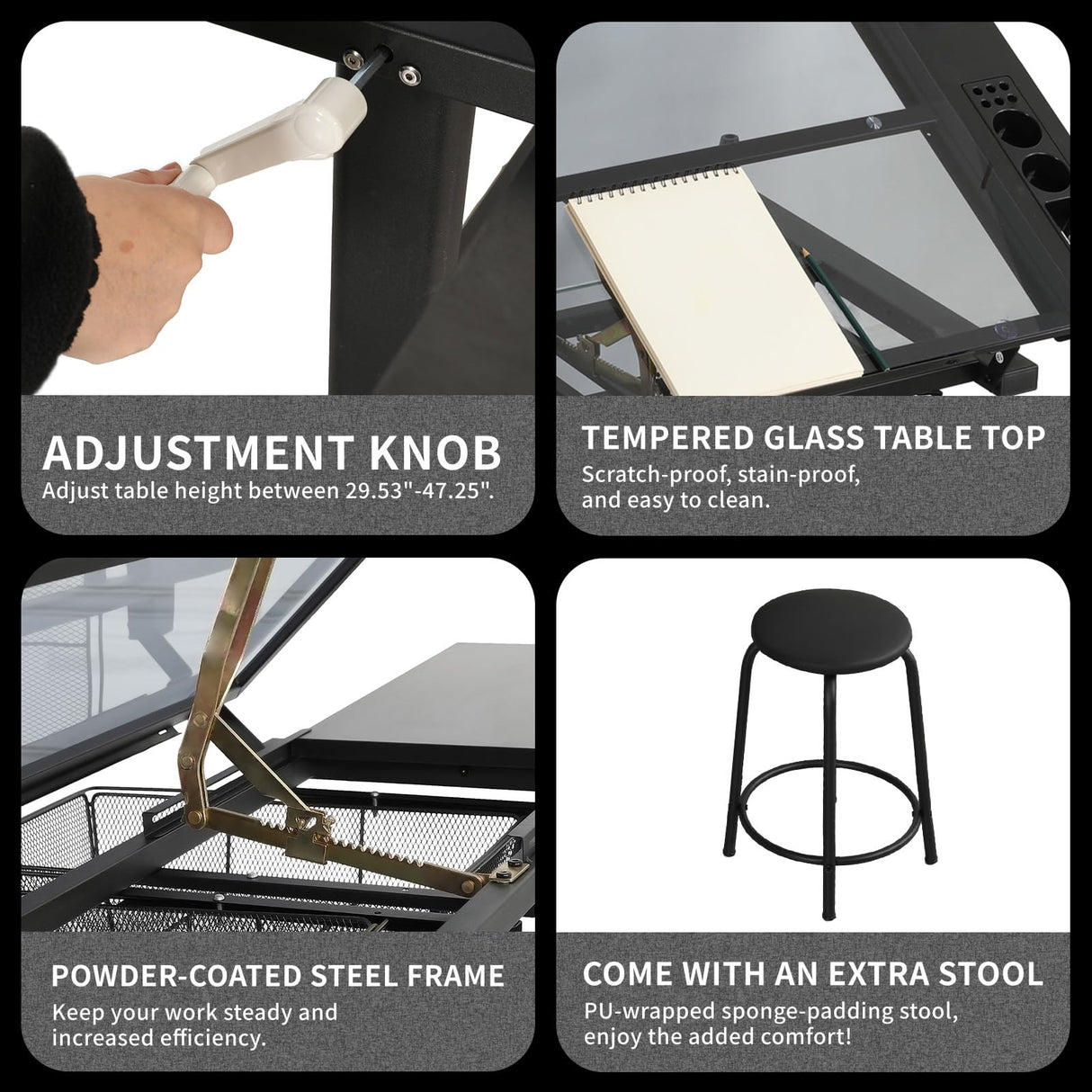 Upgraded Drafting Table with Stool, Painting Table Hand Crank Adjustable Drawing Desk with Drawers, Tiltable Glass Tabletop Diamond Painting Table, Multifunctional Drawing Tables for Artists & Reader KUTOLAKI