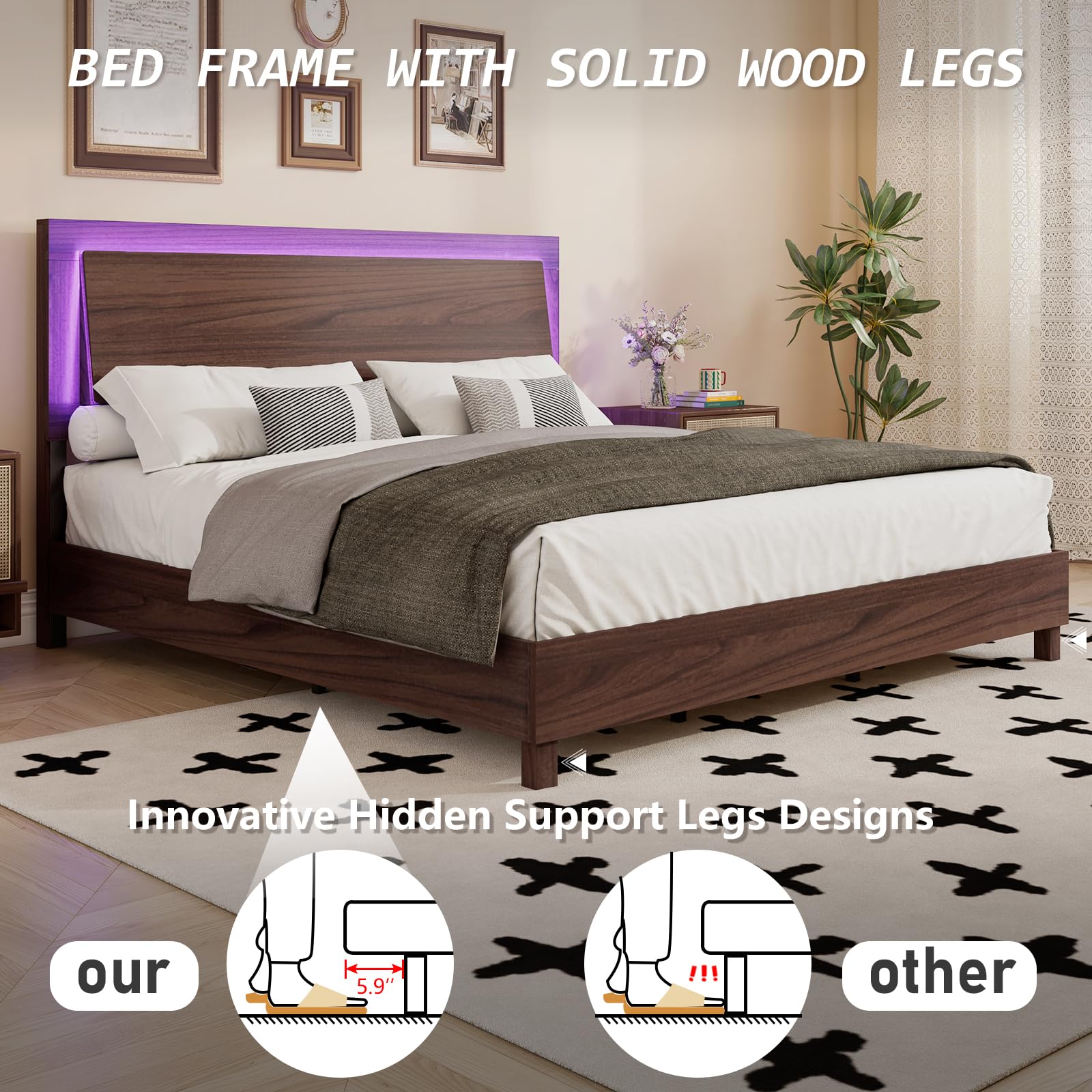 LUXOAK Mid-Century Queen Bed Frame with Floating LED Headboard in Cherry Wood - WoodArtSupply