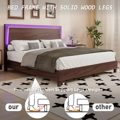 LUXOAK Mid-Century Queen Bed Frame with Floating LED Headboard in Cherry Wood - WoodArtSupply