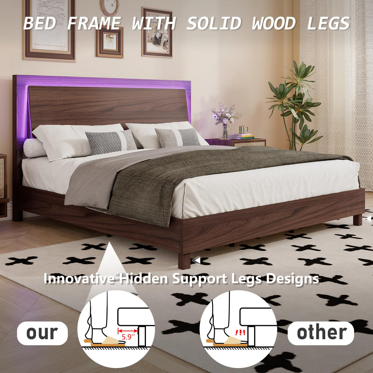 LUXOAK Mid-Century Modern King Size Wood Bed Frame with RGBW LED Light and Floating Headboard - Cherry LUXOAK