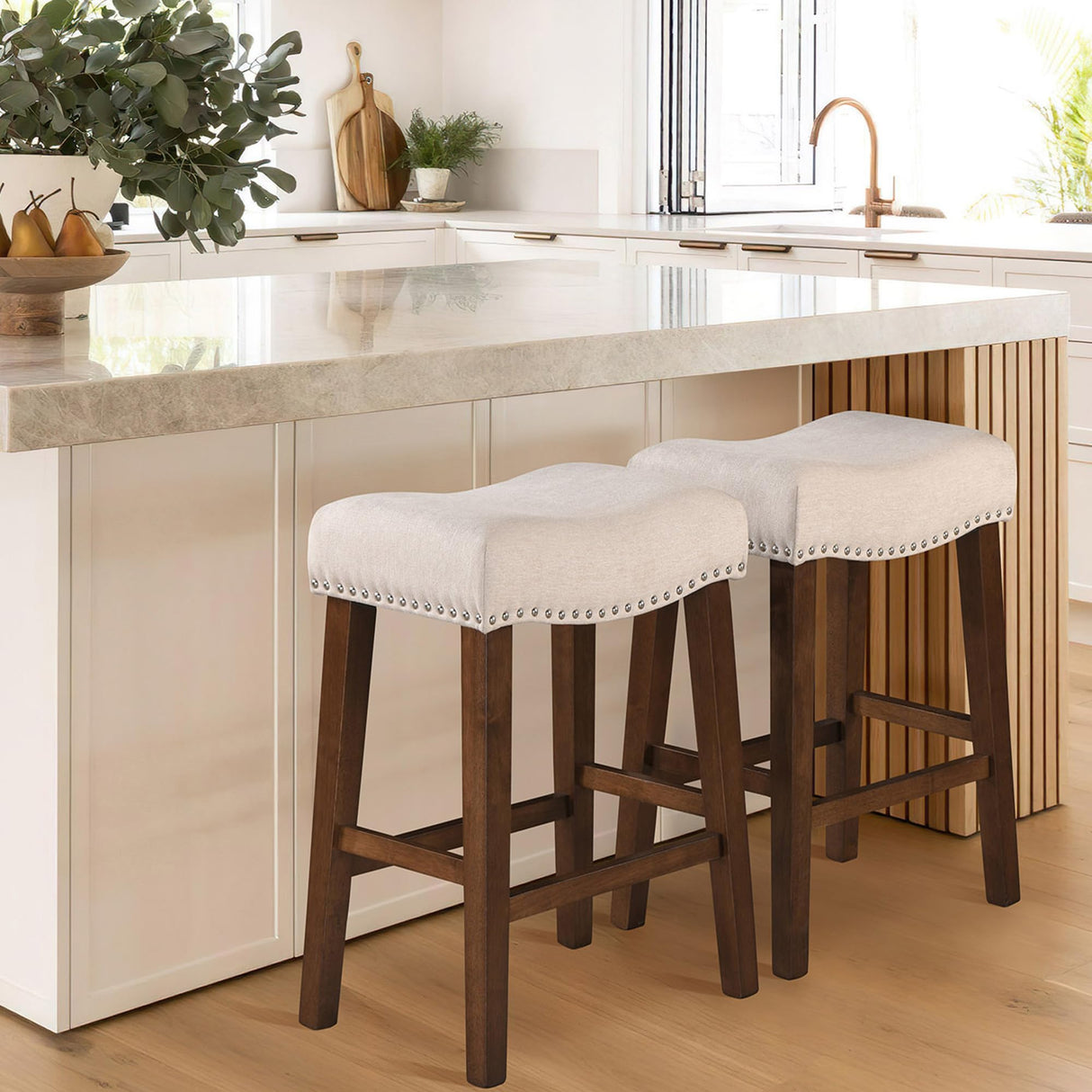 Larksperal 26" Counter Height Bar Stools - Modern Backless Kitchen Island Saddle Barstools Chairs with Footrest, Solid Wood Legs & Nailhead Trim Linen Fabric Cushion, Beige, Set of 4 Larksperal