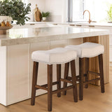 Larksperal 26" Counter Height Bar Stools - Modern Backless Kitchen Island Saddle Barstools Chairs with Footrest, Solid Wood Legs & Nailhead Trim Linen Fabric Cushion, Beige, Set of 4 Larksperal
