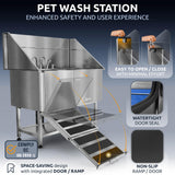 KANIS Professional Dog Washing Station - 304 Stainless Steel Pet Wash Sink & Grooming Bathtub w/Shower, Floor Grates and Storage for Large, Medium & Small Pets (50", Shelf - Left Ramp) KANIS