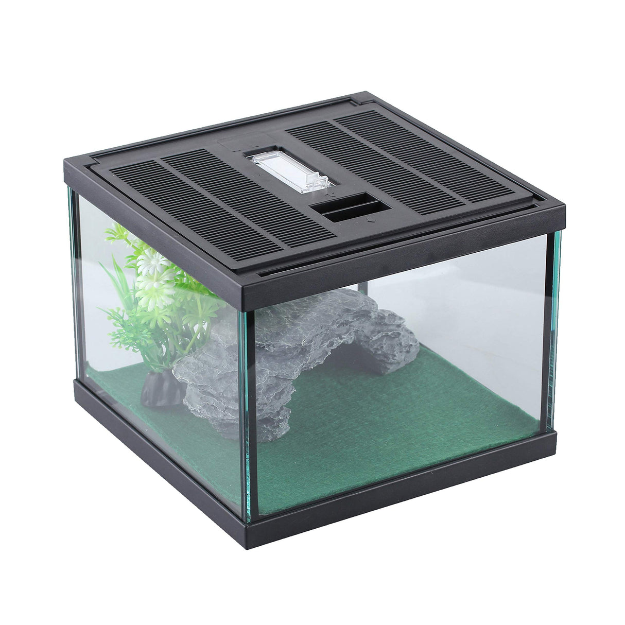 crapelles Glass Tank Spider Box Kit for Tarantula Feeder Insects Beetle Amphibians Terrarium Small pet,Washable mat,Resin Rock Shape Hideout, Artificial Flower crapelles