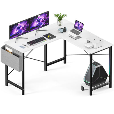 L Shaped Desk Gaming Computer 50 Inch Reversible Corner Table PC for Writing Study Student with Wood Tabletop Metal Frame CPU Stand Side Bag for Home Office Small Place, White