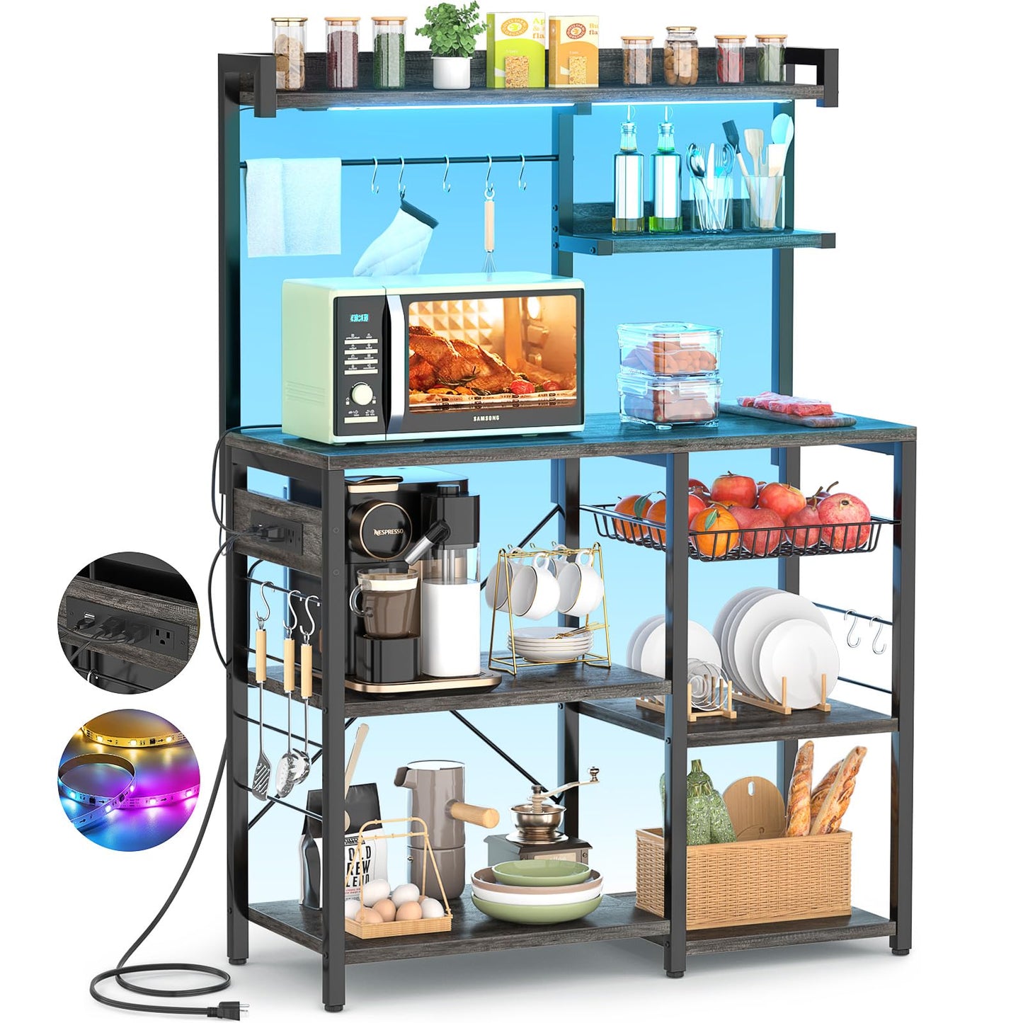 Aheaplus Bakers Rack with Power Outlet and LED Light Strings, Microwave Oven Stand Kitchen Storage Shelf with Wire Basket, Coffee Bar Station Island Table with 10 Hooks for Spices, Pots, Black Oak