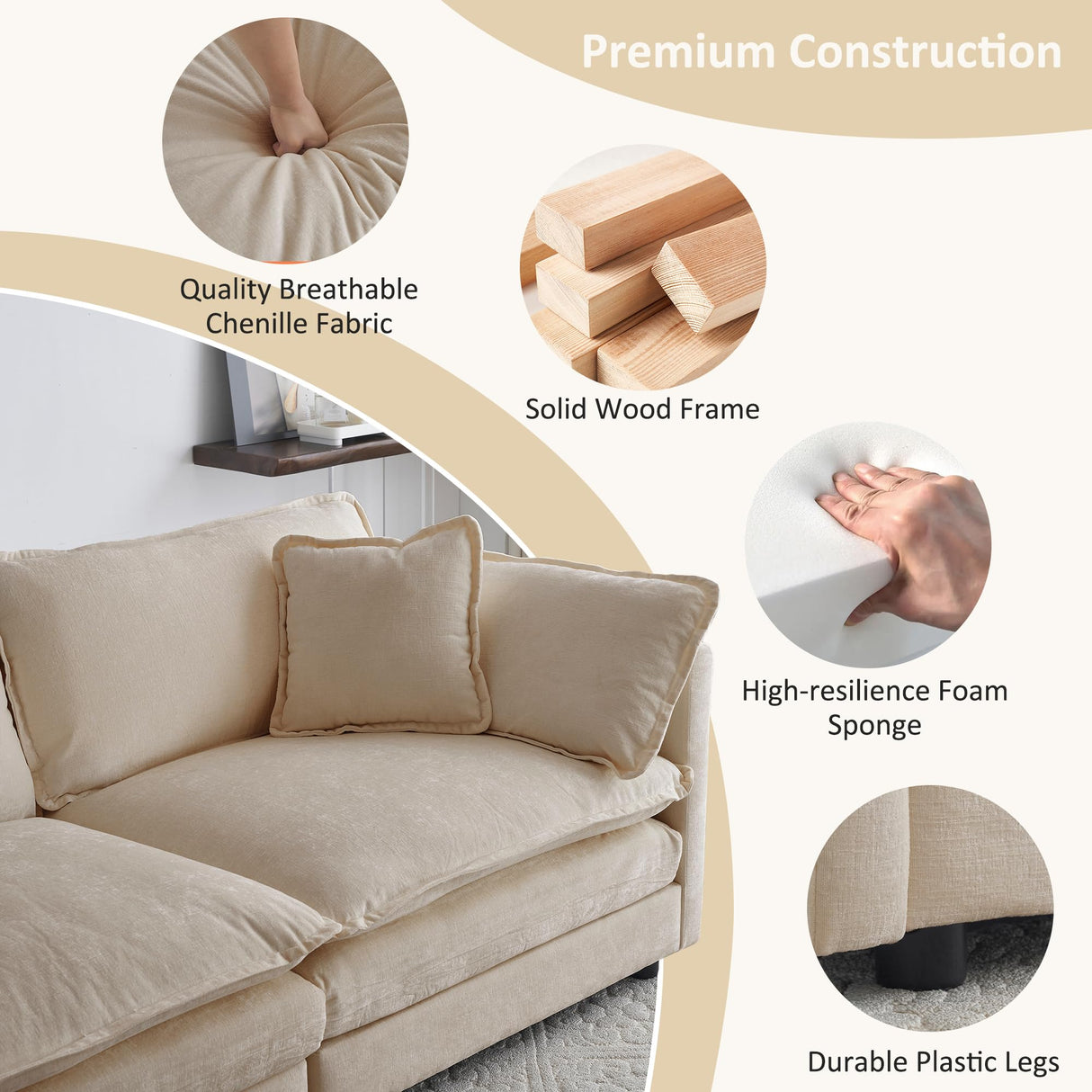 Tmsan 111.5" Oversized Deep Seat Sectional Sofa, Modern Chenille Cloud Couch, Large 3 Seater Modular Sofa with 5 Pillows for Living Room Bedroom Apartment Office Tmsan