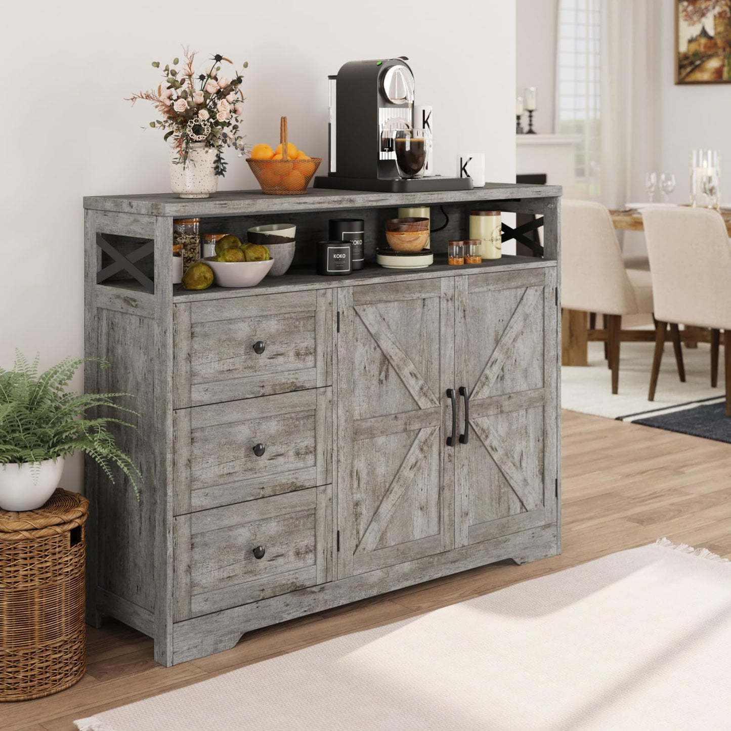 Vabches 47''W Farmhouse Buffet Sideboard with Charging Station and 3 Drawers, Coffee Bar Cabinet Buffet Cabinet with Shelf, Rustic Accent Cabinet with Storage for Kitchen, Dining Room, Washed Gray