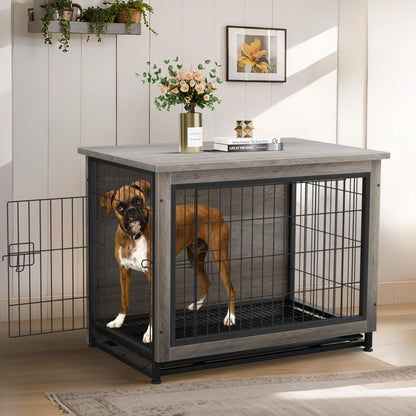 JY QAQA Dog Crate Furniture, Wooden Dog Crate Table, Double-Doors Dog Furniture, Indoor Dog Kennel, Dog House, Dog Cage/Grey/XL - WoodArtSupply