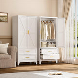 YAUWOH Farmhouse Wardrobe Cabinet with 2 Drawers,Metal Wardrobe Closet with Hanging Rod,Metal Armoire with Adjustable Shelves for Bedroom,Living Room, Cloak Room,Office (White) YAUWOH