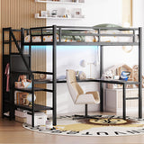 Full Size Loft Bed with Desk and Storage Shelf, Full Size Loft Bed with Stairs and Wardrobe, Full Loft Bed with Charging Station and RGB LED Light, Metal Loft Bed for Adults, Teens, Kids(Black Full) Bellemave