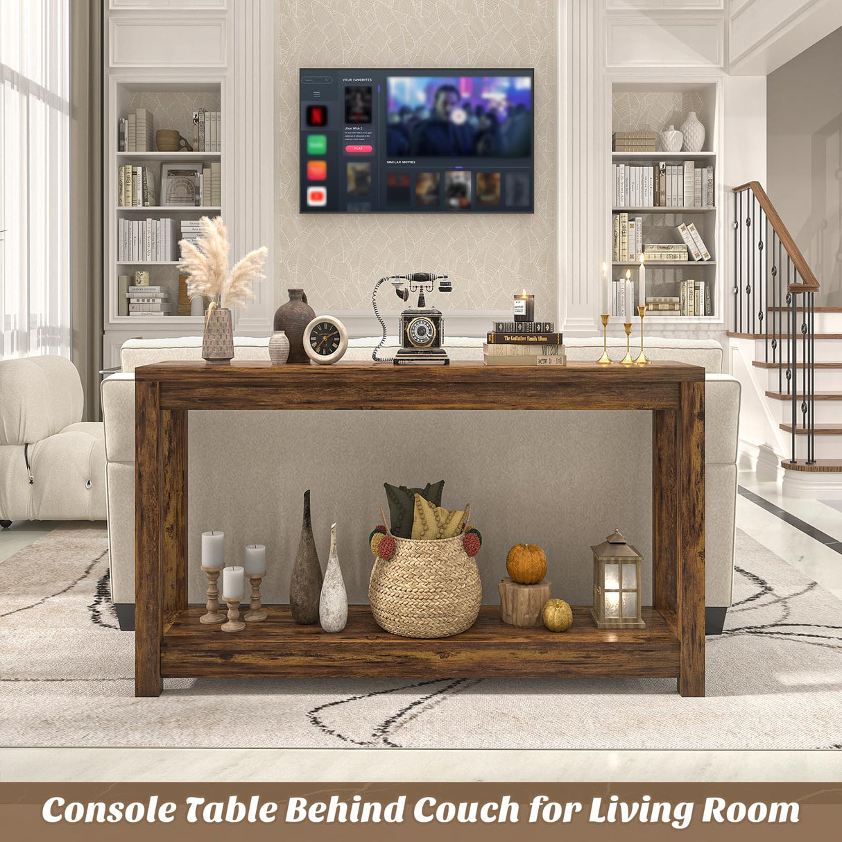 Besiost 47" Farmhouse Wood Entryway Table Narrow Console Table with Storage Behind Couch Sofa Table with Shelves Entry Way Table with Open Storage, Easy Assembly, Rustic Brown Besiost