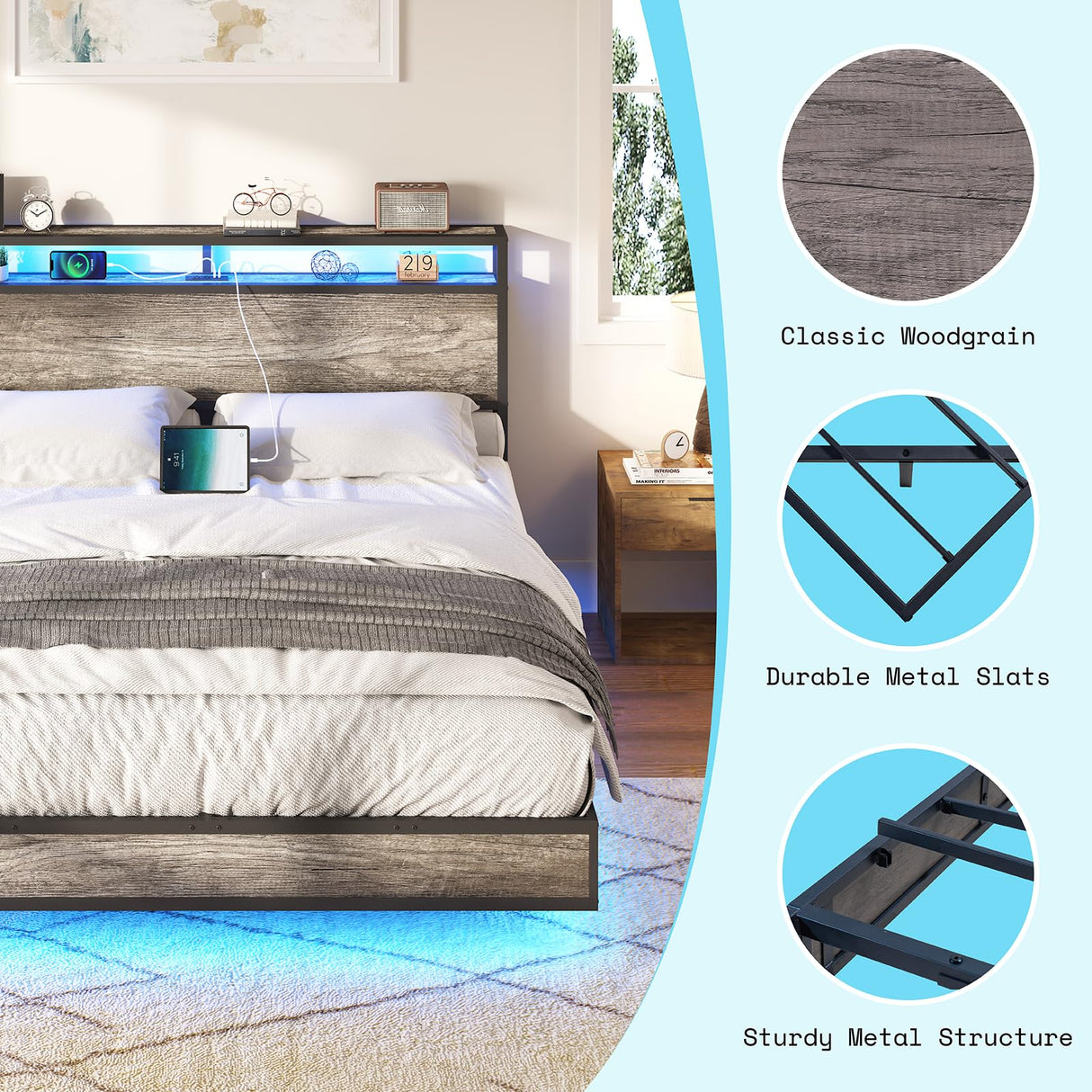 Full Size Floating Bed Frame with LED Headboard, Storage & Charging Station in Rustic Grey AMERLIFE