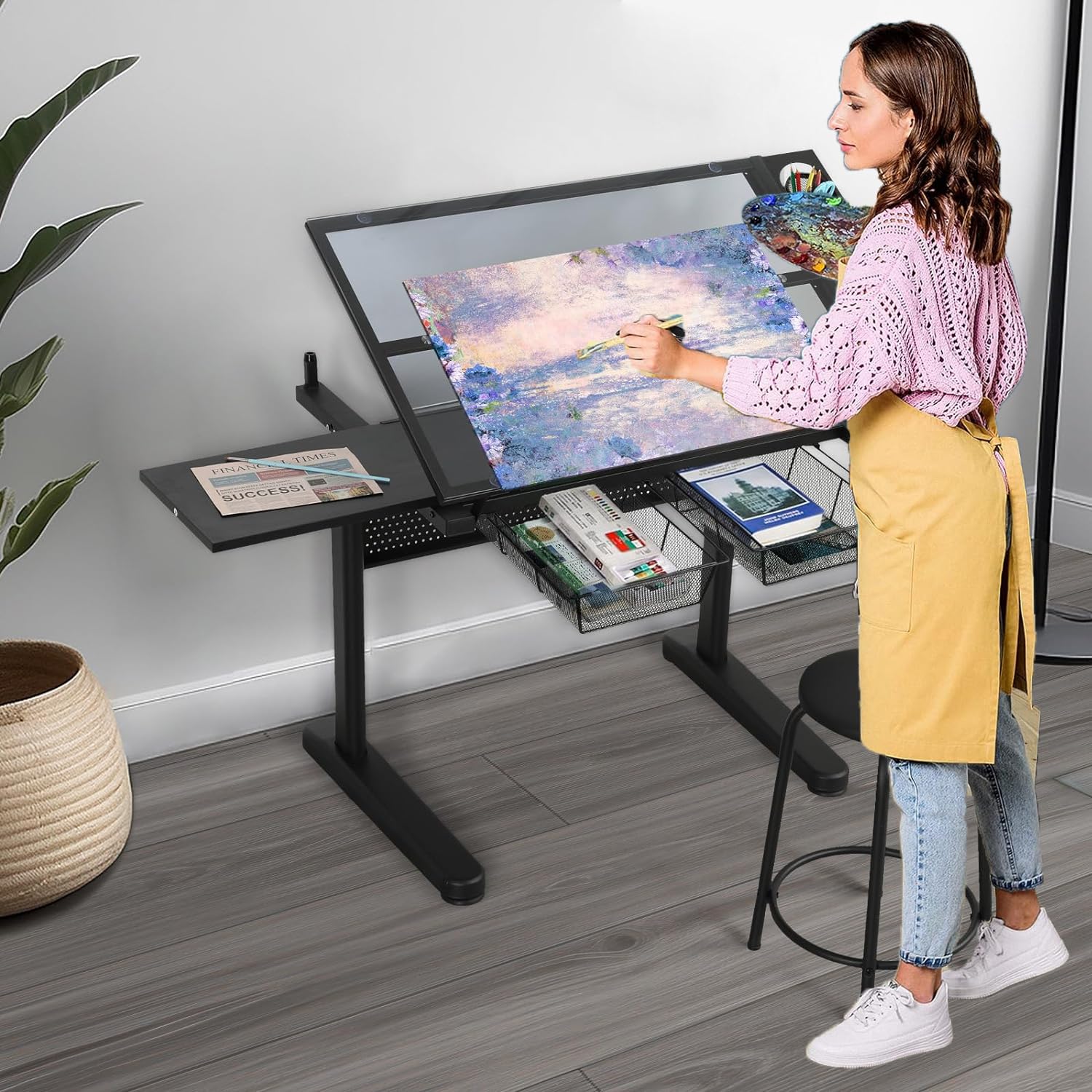 Upgraded Drafting Table with Stool, Painting Table Hand Crank Adjustable Drawing Desk with Drawers, Tiltable Glass Tabletop Diamond Painting Table, Multifunctional Drawing Tables for Artists  - WoodArtSupply