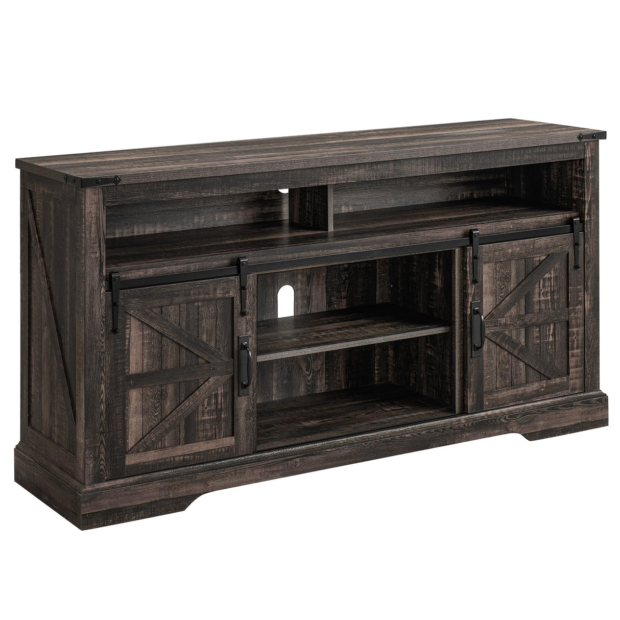 OKD Farmhouse TV Stand for 65+ Inch TV, 33" Tall Highboy Entertainment Center w/Sliding Barn Door, Rustic Media Console w/Storage Shelves, Wood Television Stand for Living Room, Dark Rustic Oak OKD