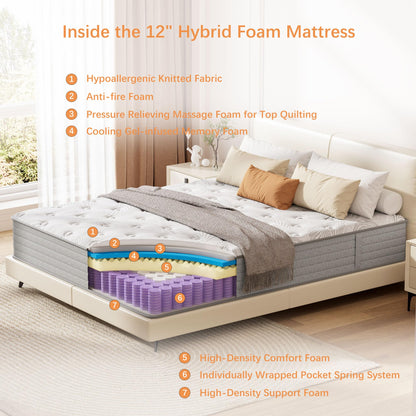 Full Size Mattress 12 inch, Hybrid Memory Foam Mattress with Pocket Springs, Full Mattress in a Box, Colchones Full, Medium Firm, Motion Isolation, Pressure Relief, Upgraded Support, CertiPUR-US