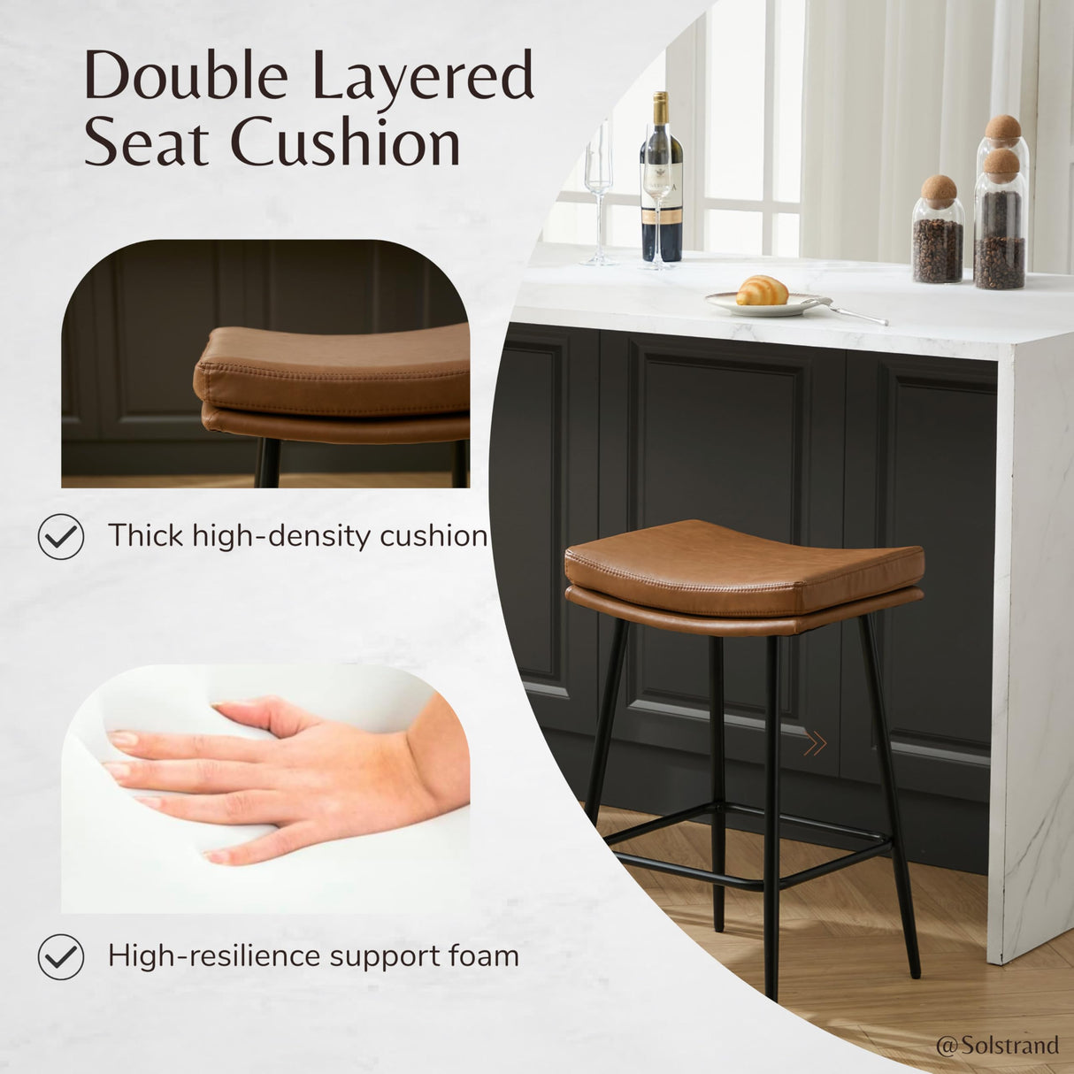 Solstrand Saddle Bar Stools Set of 3,Counter Height Bar Stools for Kitchen Counter Farmhouse Modern Faux Leather Barstools with Upholstered Backless Seat and Solid Metal Legs, 26" Bar Chairs, Brown Solstrand