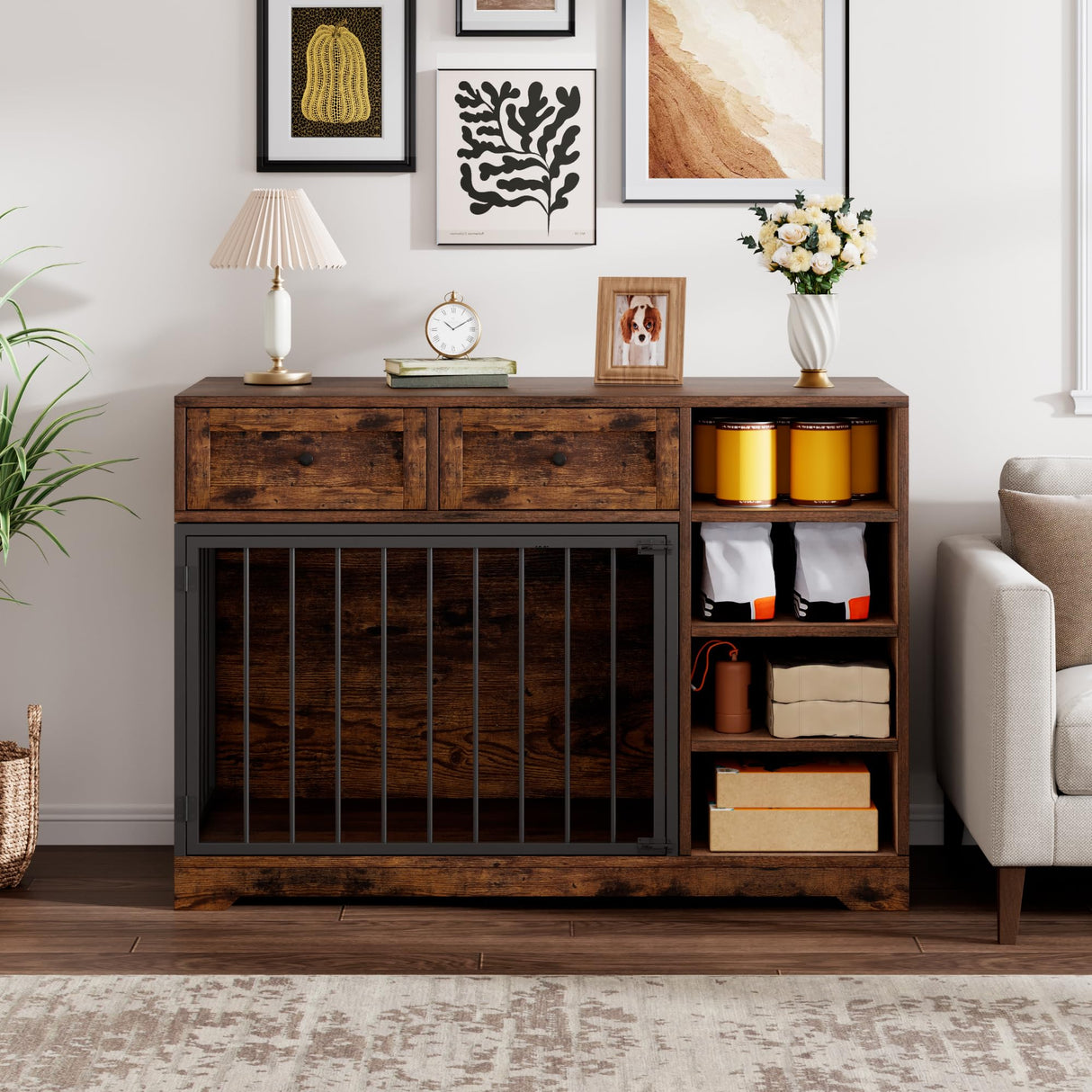 IDEALHOUSE 47” Large Dog Crate, Dog Kennel Indoor with 2 Drawers and 4 Shelves, Dog Crate Furniture TV Stand, Wooden Dog Cage for Medium Large Dogs, Brown IDEALHOUSE