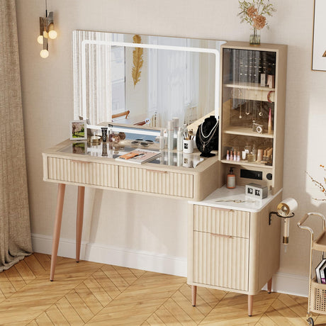 IKALIFE Fluted Makeup Vanity Desk with Mirror and Lights, 3 Color Modes & Adjustable Brightness Dressing Table, Large Vanity Table Set with 3 Drawers & Storage Cabinet for Bedroom, Oak 48" IKALIFE