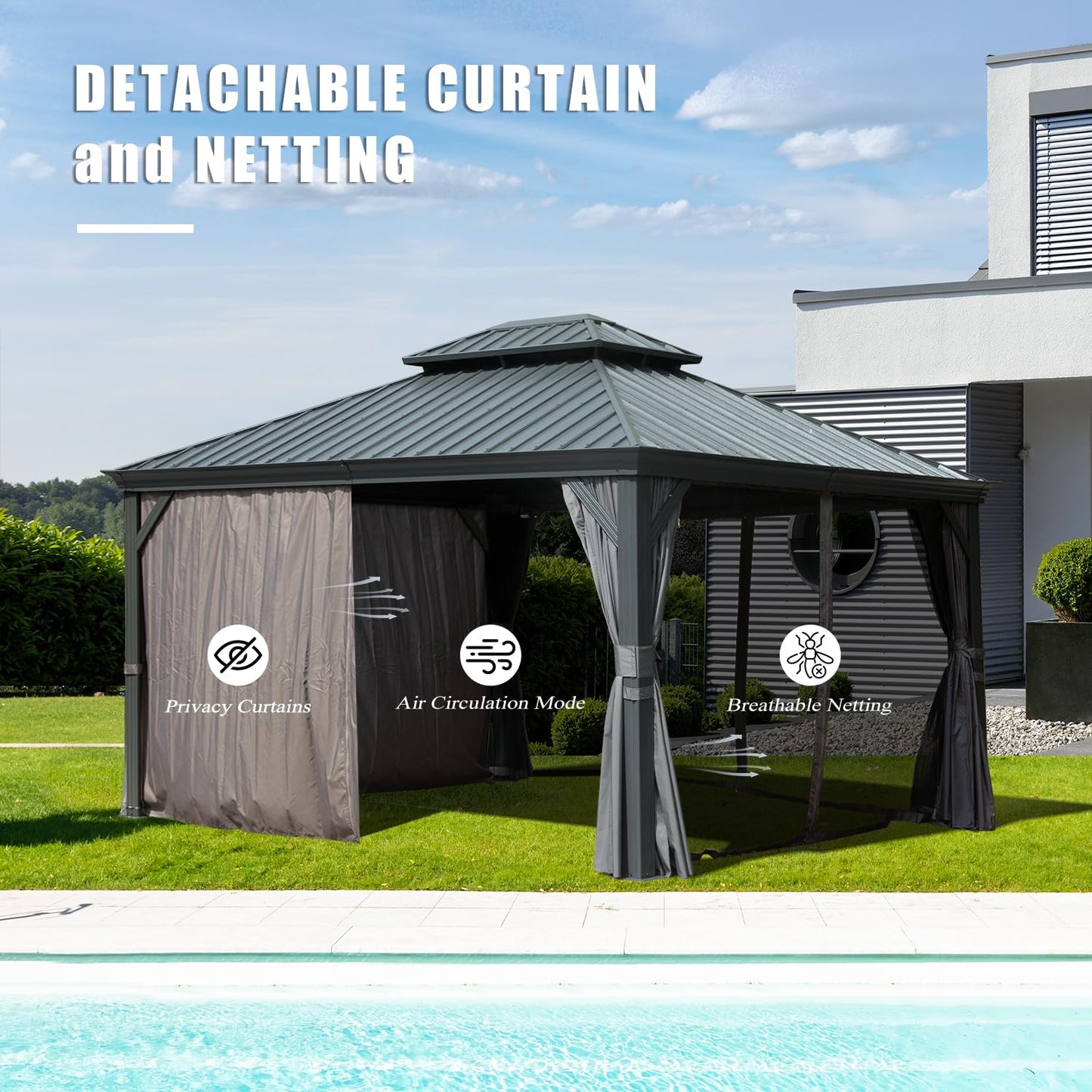 Domi 10'x12' Hardtop Gazebo Canopy,Outdoor Aluminum Gazebo with Galvanized Steel Double Roof,Permanent Gazebo with Drainage System,Curtain and Netting Included,Grey - WoodArtSupply